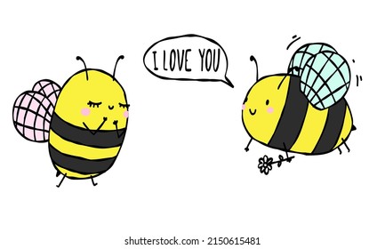 The bee says I love you. Cute insect with heart postcard, poster valentines day, background. Hand drawn vector illustration.