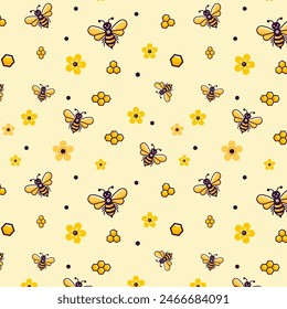 Bee Seamless Pattern with Beehive, Honeycomb, flowers. Honey Bee Pattern for Beekeeping and Honey Business.