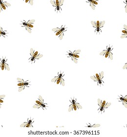 Bee seamless pattern. Black and orange silhouette of the Flying insect. Minimalism and simplicity of design. Vector illustration.