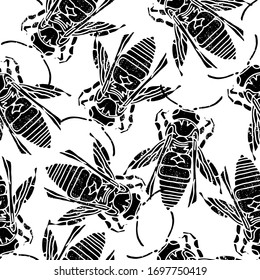 Bee  seamless pattern of black and white palette. Hand drawn vector stock illustration. Vintage distressed block style. For fashion fabrics, wallpaper, all over print.