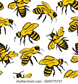 Bee seamless pattern. Black and yellow background with insect sketches. Hand drawn design for wrapping, textile or honey package