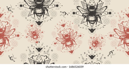 Bee seamless pattern. Bumblebee mystical symbols. Packing old paper, scrapbooking style. Vintage background. Medieval manuscript, engraving art 