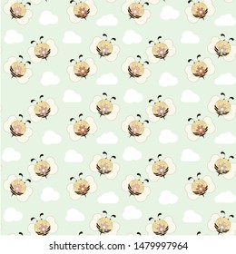 Bee seamless pattern cartoons funny yellow and black insect with pink and violet flowers white cloud on blue for cloth diapers, for baby cloth, for fabric print, for wallpaper