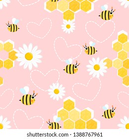 Bee Seamless pattern  in daisy  flower garden vector illustration on pink background.