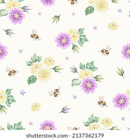 Bienennahtloses Muster. Stickereien und Bienen, fliegende Insekten. Bettzeug-Seidenstiefdruck, floraler Garten und botanisches Design, heutzutage Vektorhintergrund