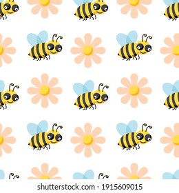 Bee seamless pattern with flowers, honeycomb isolated on white background. Vector flat illustration. Design for wallpaper, wrapping, backdrop, textile, fabric