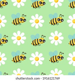 Bee seamless pattern with flowers,  isolated on green background. Vector flat illustration. Design for wallpaper, wrapping, backdrop, textile, fabric