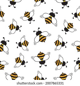 Bee seamless pattern. Honey bees flying on white background. Bumblebee insect vector illustration