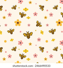 Bee seamless pattern. Honey bee pattern with bee, flowers, beehive