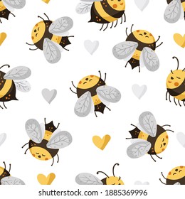 Bee seamless pattern. Honey vector. Cute bee with heart illustration.
