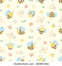 Bee seamless pattern with honeycomb and flowers. Vector flat design in vintage colors