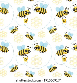 Bee seamless pattern with honeycomb isolated on white background. Vector flat illustration. Design for wallpaper, wrapping, backdrop, textile, fabric