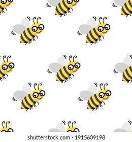 Bee seamless pattern isolated on white background. Vector flat illustration. Design for wallpaper, wrapping, backdrop, textile, fabric