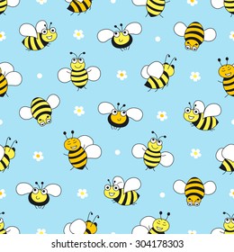 Bee seamless pattern on blue background. Vector