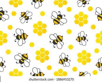 Bee seamless pattern. Vector cartoon black and yellow bees isolated on white background.