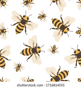 Bee seamless vector pattern. Great for themed backgrounds, home decor, wallpaper, apparel. Flat style.