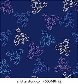 Bee. Seamless vector pattern. Multicolor on a blue background.