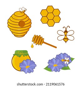 Bee set. Honey. Bees, sunflower, chamomile, beehive, honeycomb, drop. Vector illustration