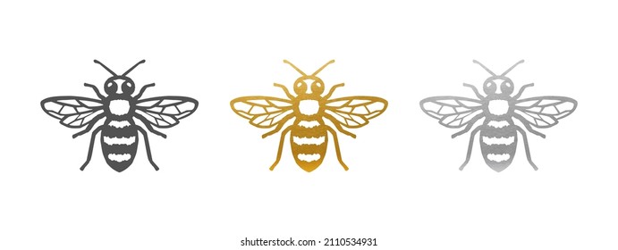 Bee Set - Bee Shape in Gold, Silver, Black - Vector Silhouette