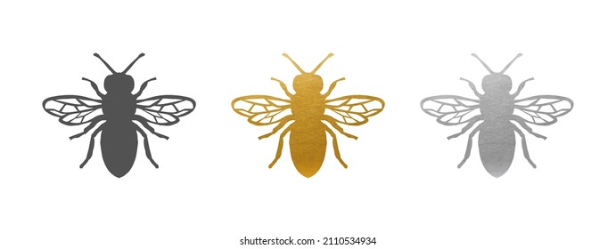 Bee Set - Bee Shape in Gold, Silver, Black - Vector Silhouette
