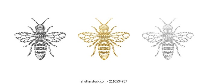 Bee Set - Bee Shape in Gold, Silver, Black - Vector Silhouette