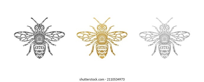 Bee Set - Bee Shape in Gold, Silver, Black - Vector Silhouette