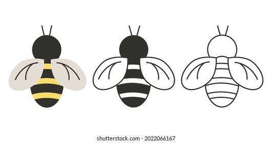 Bee. Set of three insects in color and contour drawing. Vector illustration, icon