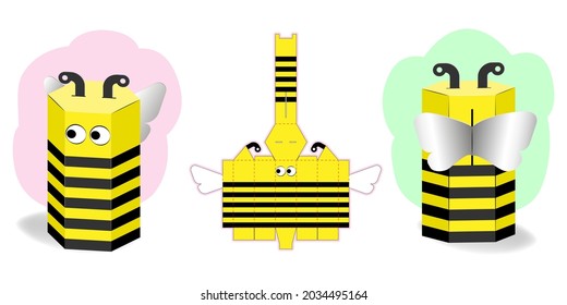 Diseño de caja de regalo con forma de abeja para dulces. El corte de color de cartón no es brillante, se puede abrir y cerrar varias veces. Pinata para artesanías infantiles y vacaciones. Plantilla de corte láser tridimensional