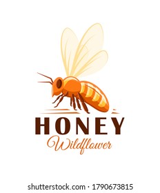 Bee, side view isolated on white background. Honey label, logo, emblem concept. Vector illustration