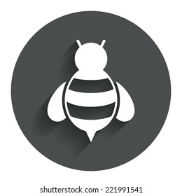 Bee sign icon. Honeybee or apis with wings symbol. Flying insect. Circle flat button with shadow. Modern UI website navigation. Vector