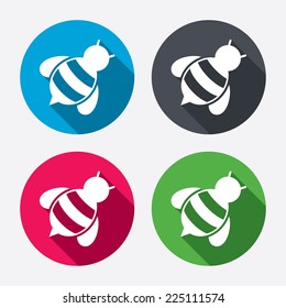 Bee sign icon. Honeybee or apis with wings symbol. Flying insect diagonal. Circle buttons with long shadow. 4 icons set. Vector