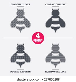 Bee sign icon. Honeybee or apis with wings symbol. Flying insect. Diagonal and horizontal lines, classic outline, dotted texture. Pattern design icons.  Vector