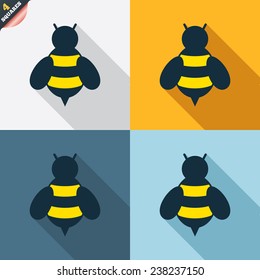 Bee sign icon. Honeybee or apis with wings symbol. Flying insect. Four squares. Colored Flat design buttons. Vector