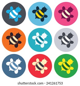 Bee sign icon. Honeybee or apis with wings symbol. Flying insect diagonal. Colored round buttons. Flat design circle icons set. Vector