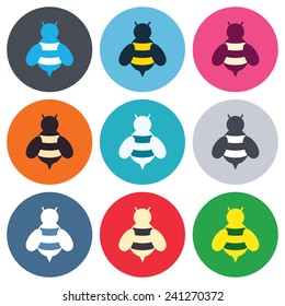 Bee sign icon. Honeybee or apis with wings symbol. Flying insect. Colored round buttons. Flat design circle icons set. Vector