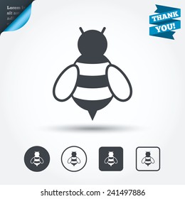 Bee sign icon. Honeybee or apis with wings symbol. Flying insect. Circle and square buttons. Flat design set. Thank you ribbon. Vector