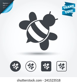 Bee sign icon. Honeybee or apis with wings symbol. Flying insect diagonal. Circle and square buttons. Flat design set. Thank you ribbon. Vector