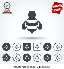Bee sign icon. Honeybee or apis with wings symbol. Flying insect. Circle, star, speech bubble and square buttons. Award medal with check mark. Thank you ribbon. Vector