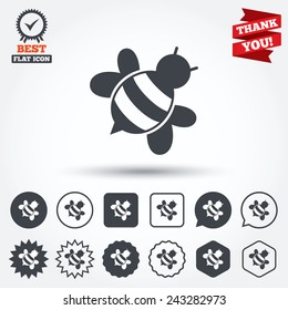 Bee sign icon. Honeybee or apis with wings symbol. Flying insect diagonal. Circle, star, speech bubble and square buttons. Award medal with check mark. Thank you ribbon. Vector