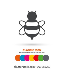 Bee sign icon. Honeybee or apis with wings symbol. Flying insect. Classic flat icon. Colored circles. Vector