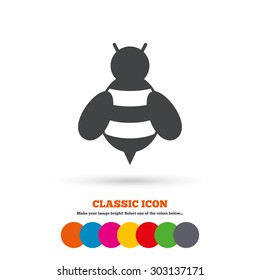 Bee sign icon. Honeybee or apis with wings symbol. Flying insect. Classic flat icon. Colored circles. Vector