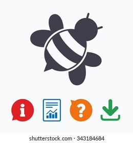 Bee sign icon. Honeybee or apis with wings symbol. Flying insect diagonal. Information think bubble, question mark, download and report.