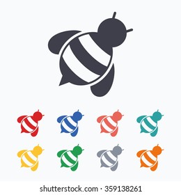 Bee sign icon. Honeybee or apis with wings symbol. Flying insect diagonal. Colored flat icons on white background.