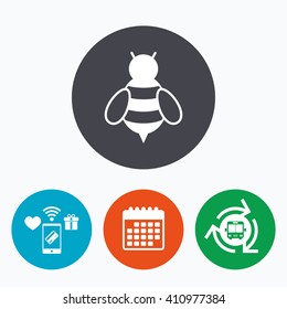 Bee sign icon. Honeybee or apis with wings symbol. Flying insect. Mobile payments, calendar and wifi icons. Bus shuttle.