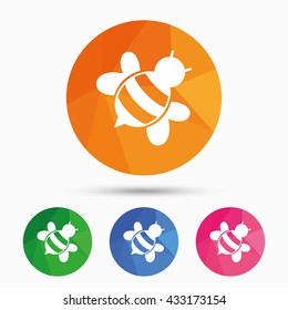Bee sign icon. Honeybee or apis with wings symbol. Flying insect diagonal. Triangular low poly button with flat icon. Vector