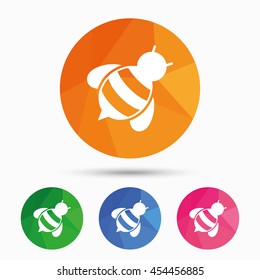 Bee sign icon. Honeybee or apis with wings symbol. Flying insect diagonal. Triangular low poly button with flat icon. Vector