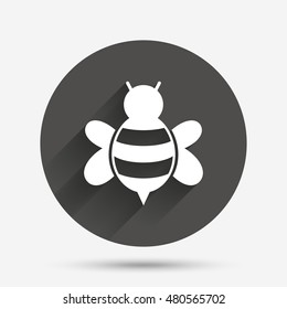 Bee sign icon. Honeybee or apis with wings symbol. Flying insect. Circle flat button with shadow. Vector