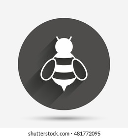 Bee sign icon. Honeybee or apis with wings symbol. Flying insect. Circle flat button with shadow. Vector