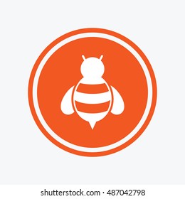 Bee sign icon. Honeybee or apis with wings symbol. Flying insect. Graphic design element. Flat bee symbol on the round button. Vector