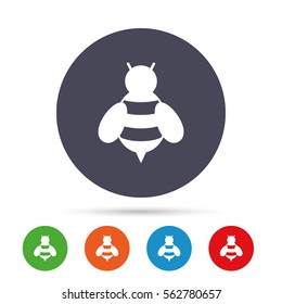 Bee sign icon. Honeybee or apis with wings symbol. Flying insect. Round colourful buttons with flat icons. Vector
